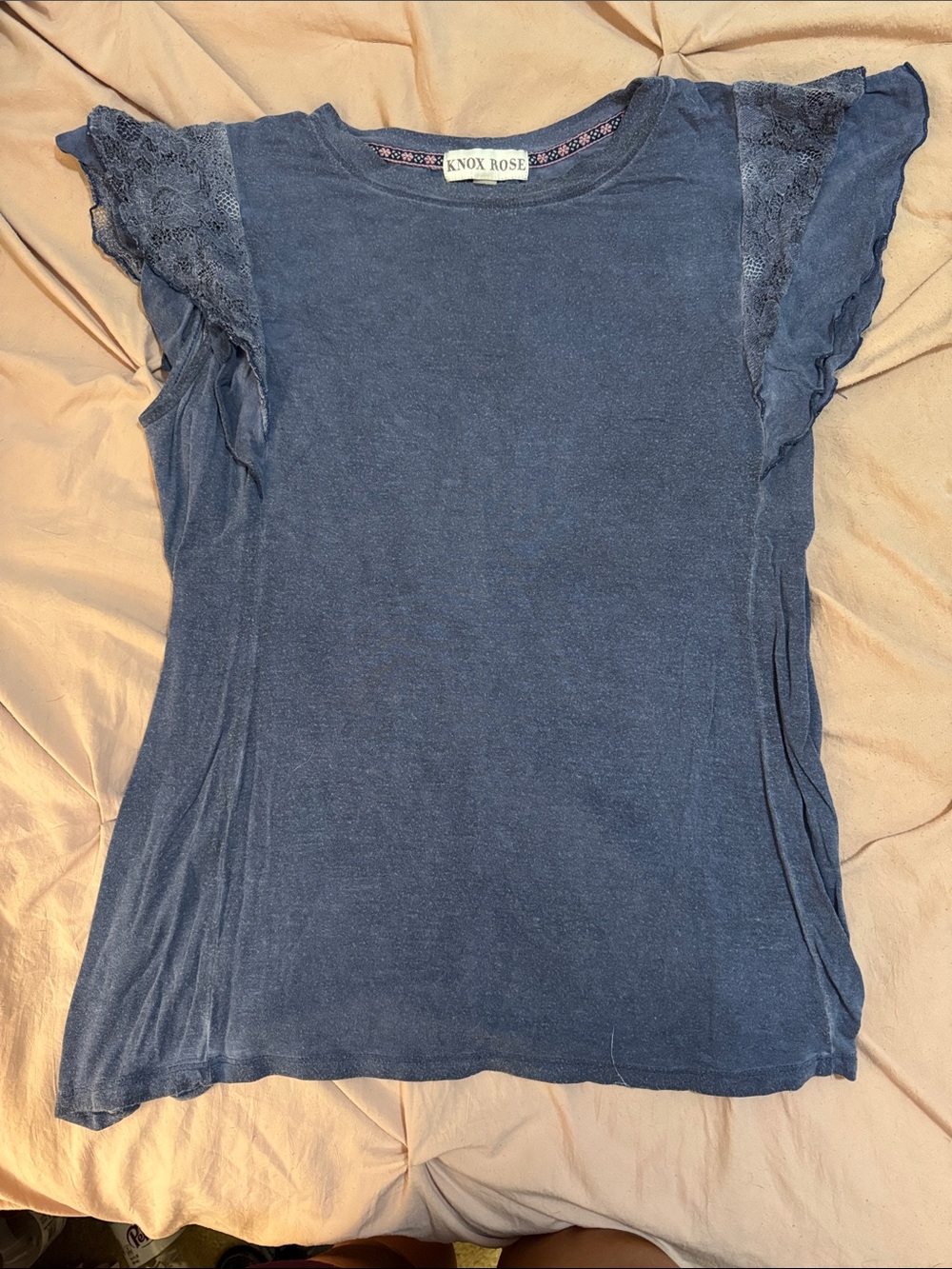 Knox Rose Slate Blue Lace Flutter Sleeve Tee